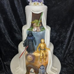 back lilac flowers wedding cake yoda  startreck and aliens 