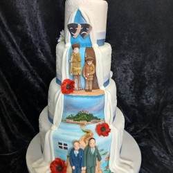 back of blue and white wedding cake poppy army